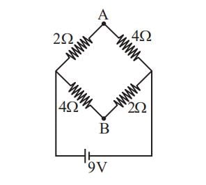 A network of four resistances is connected to 9v