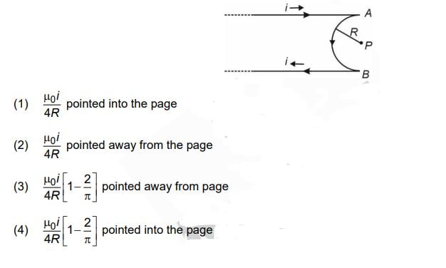 A very long conducting wire is bent in a semi-circular shape from A to B as shown in figure. The magnetic field at point P for steady current configuration is given by