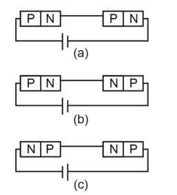 In the given circuits (a) (b) and (c) the potential drop across the two PN junctions are equal in