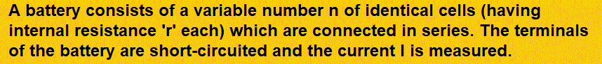 A battery consists of a variable number n of identical cells (having internal resistance 'r' each) which are connected in series. The terminals of the battery are short-circuited and the current I is measured. Which of the graphs shows the correct relationship between I and n?                                                                                                                                                                                                                 