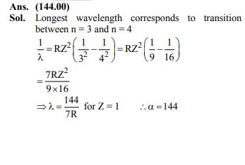 If Rydberg constant is R, the longest wavelength of radiation in Paschen series will be α/7R , where α = ________. JEE-2024