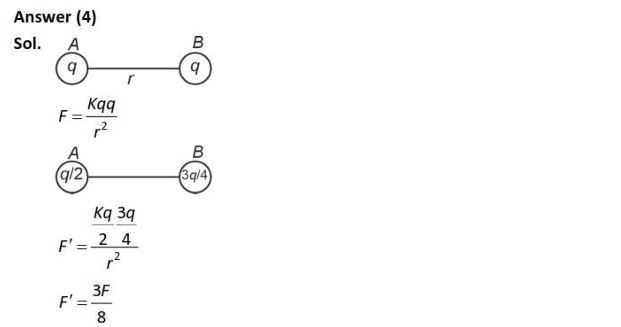 Two identical charged conducting spheres A and B have their centres separated by a certain distance. Charge on each sphere is q and the force of repulsion between them is F. A third identical uncharged conducting sphere is brought in contact with sphere A first and then with B and finally removed from both. New force of repulsion between spheres A and B (Radii of A and B are negligible compared to the distance of separation so that for calculating force between them they can be considered as point charges) is best given as: (1) 3 5 F (2) 2 3 F (3) 2 F (4) 3F 8