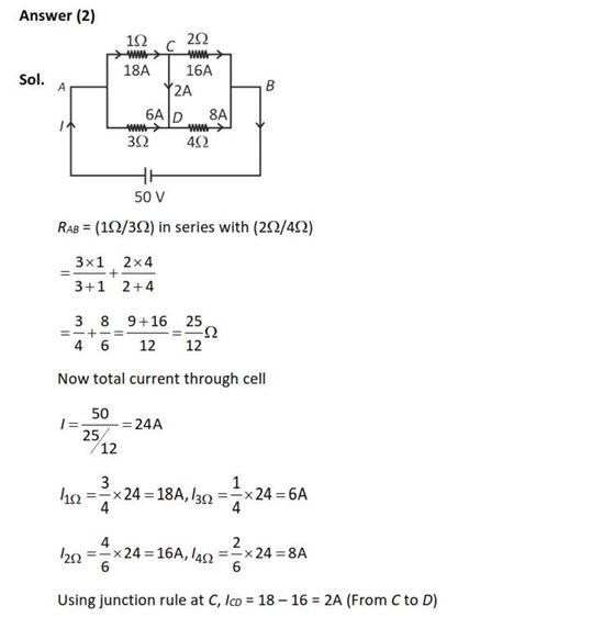 A constant voltage of 50 V is maintained between the points A and B of the circuit shown in the figure. The current through the branch CD of the circuit is: