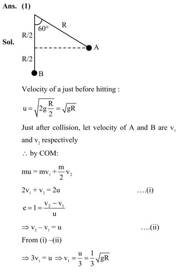 As shown below bob A of a pendulum having massless string of length 'R' is released from 60° to the vertical. It hits another bob B of half the mass that is at rest on a friction less table in the centre. Assuming elastic collision, the magnitude of the velocity of bob A after the collision will be (take g as acceleration due to gravity)