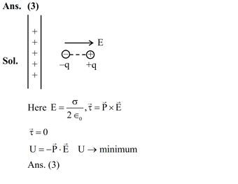 An electric dipole is placed at a distance of 2 cm from an infinite plane sheet having positive charge density. Choose the correct option from the following. (1) Torque on dipole is zero and net force is directed away from the sheet. (2) Torque on dipole is zero and net force acts towards the sheet. (3) Potential energy of dipole is minimum and torque is zero. (4) Potential energy and torque both are maximum