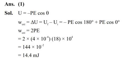 Two point charges –4 μc and 4 μc constituting an electric dipole, are placed at (– 9, 0, 0) cm and (9, 0, 0) cm in a uniform electric field of strength 10^4 NC^–1. The work done on the dipole in rotating it from the equilibrium through 180° is :  (1) 14.4 mJ  (2) 18.4 mJ  (3) 12.4 mJ  (4) 16.4 mJ