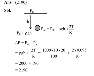 An air bubble of radius 1.0 mm is observed at a depth of 20 cm below the free surface of a liquid having surface tension 0.095 J/m^2 and density 103 kg/m^3. The difference between pressure inside the bubble and atmospheric pressure______ N/m2. (Take g = 10 m/s^2) 