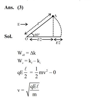 A particle of mass m and charge q is fastened to one end ‘A’ of a massless string having equilibrium length , whose other end is fixed at point ‘O’. The whole system is placed on a frictionless horizontal plane and is initially at rest. If uniform electric field is switched on along the direction as shown in figure, then the speed of the particle when it crosses the x-axis is