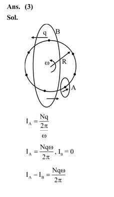 N equally spaced charges each of value q, are placed on a circle of radius R. The circle rotates about its axis with an angular velocity as shown in the figure  . A bigger Amperian loop B encloses the whole circle where as a smaller Amperian loop A encloses a small segment. The difference between enclosed currents, IA – IB , for the given Amperian loops is 