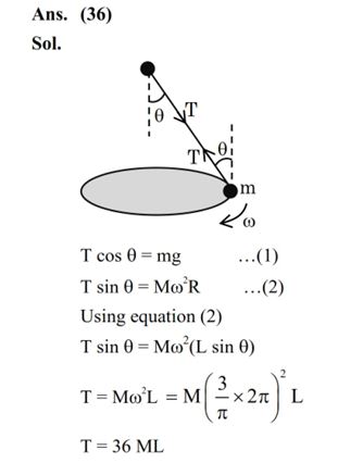 A string of length L is fixed at one end and carries a mass of M at the other end. The mass makes 3/π rotations per second about the vertical axis passing through end of the string as shown. The tension in the string is _____ ML. 