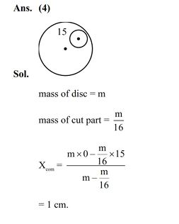 Consider a circular disc of radius 20 cm with centre located at the origin. A circular hole of a radius 5 cm is cut from this disc in such a way that the edge of the hole touches the edge of the disc. The distance of centre of mass of residual or remaining disc from the origin will be- (1) 2.0 cm  (2) 0.5 cm  (3) 1.5 cm  (4) 1.0 cm 