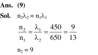 Two wavelengths λ1 and λ2 are used in Young's double slit experiment λ1 = 450 nm and λ2 = 650 nm. The minimum order of fringe produced by λ2 which overlaps with the fringe produced by λ1 is n. The value of n is ____.     