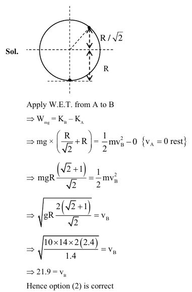 A body of m kg slides from rest along the curve of vertical circle from point A to B in friction less path. The velocity of the body at B is :  (1) 19.8 m/s   (2) 21.9 m/s  (3) 16.7 m/s  (4) 10.6 m/s 