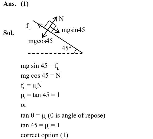 A 2 kg brick begins to slide over a surface which is inclined at an angle of 45° with respect to horizontal axis. The co-efficient of static friction between their surfaces is :  (1) 1  (2) 1/ √3  (3) 0.5  (4) 1.7   