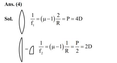 A symmetric thin biconvex lens is cut into four equal parts by two planes AB and CD as shown in figure. If the power of original lens is 4D then the power of a part of the divided lens is  (1) 8D  (2) 4D  (3) D  (4) 2D     