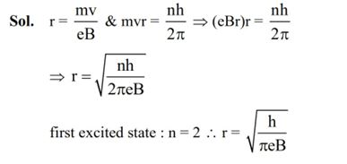 An electron projected perpendicular to a uniform magnetic field B moves in a circle. If Bohr's quantization is applicable, then the radius of the electronic orbit in the first excited state is :