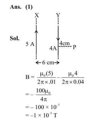 Two long parallel wires X and Y separated by a distance of 6 cm, carry currents of 5A and 4A, respectively, in opposite directions as shown in the figure. Magnitude of the resultant magnetic field at point P at a distance of 4 cm from wire Y is x × 10^–5 T. The value of x is ________. Take permeability of