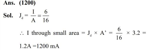 A parallel plate capacitor of area A = 16 cm^2 and separation between the plates 10 cm, is charged by a DC current. Consider a hypothetical plane surface of area A0 = 3.2 cm^2 inside the capacitor and parallel to the plates. At an instant, the current through the circuit is 6A. At the same instant the displacement current through A0 is ________ mA. 