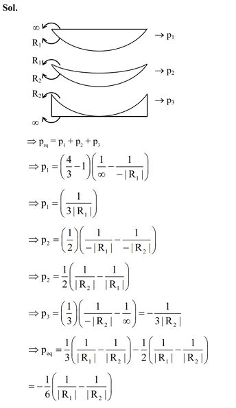 In the diagram given below there are three lenses formed. Considering negligible thickness of each of them as compared to [R1] and [R2 ], i.e., the radii of curvature for upper and lower surfaces of the glass lens, the power of the combination is