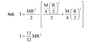 A uniform circular disc of radius ‘R’ and mass ‘M’ is rotating about an axis perpendicular to its plane and passing through its centre. A small circular part of radius R/2 is removed from the original disc as shown in the figure. Find the moment of inertia of the remaining part of the original disc about the axis as given above.