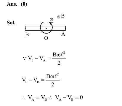 A rod of length 60 cm rotates with a uniform angular velocity 20 rad s^–1 about its perpendicular bisector, in a uniform magnetic field 0.5 T. The direction of magnetic field is parallel to the axis of rotation. The potential difference between the two ends of the rod is ____V. 